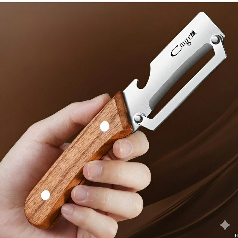 Pelador de acero inoxidable con mango de madera